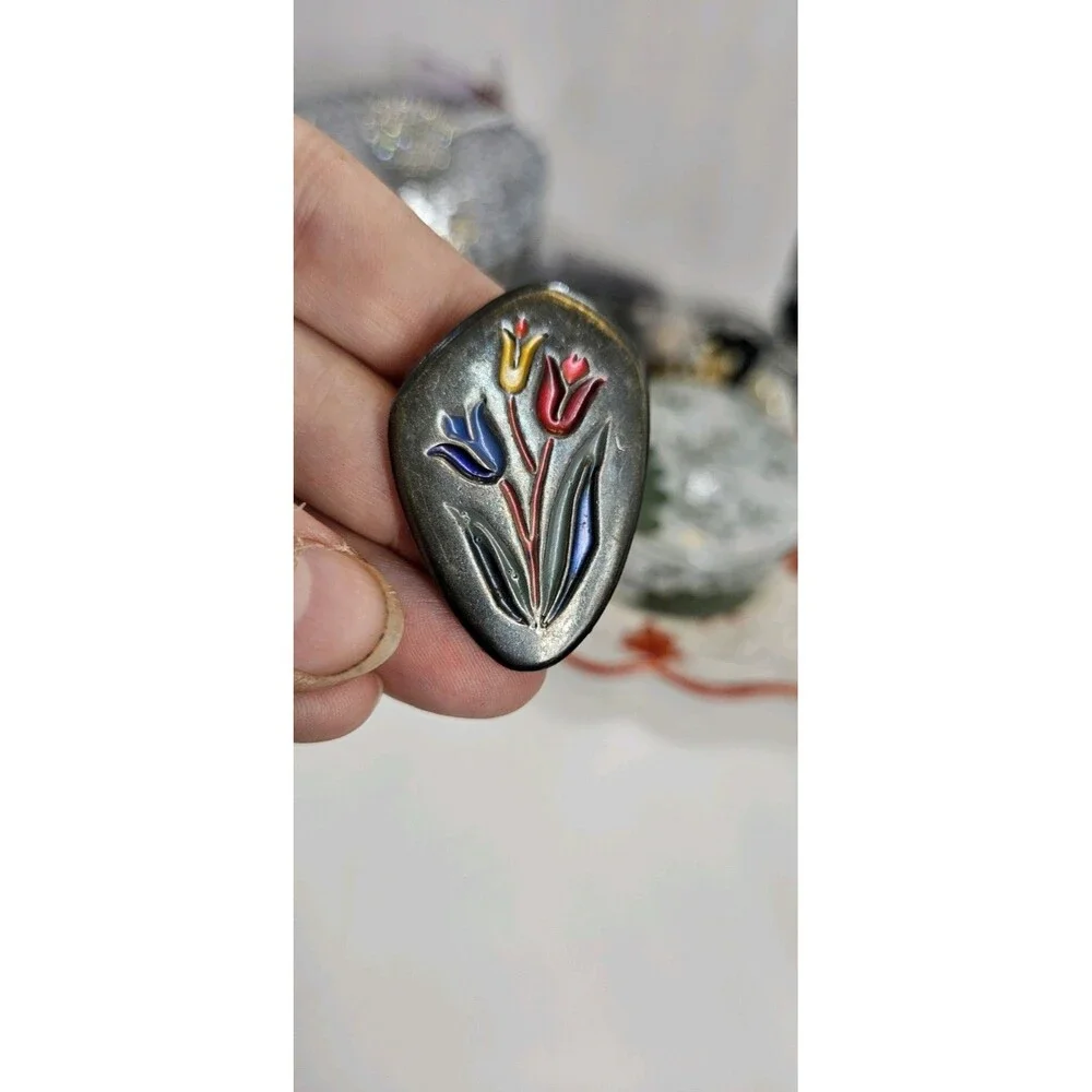 Vintage Sterling Silver Enamel Tulip‎ Flowers Made In Israel Brooch Pin Pendant